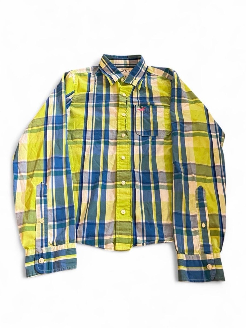 Y2K Hollister Men’s L Green/Blue Plaid Button Up Shirt Long Sleeve